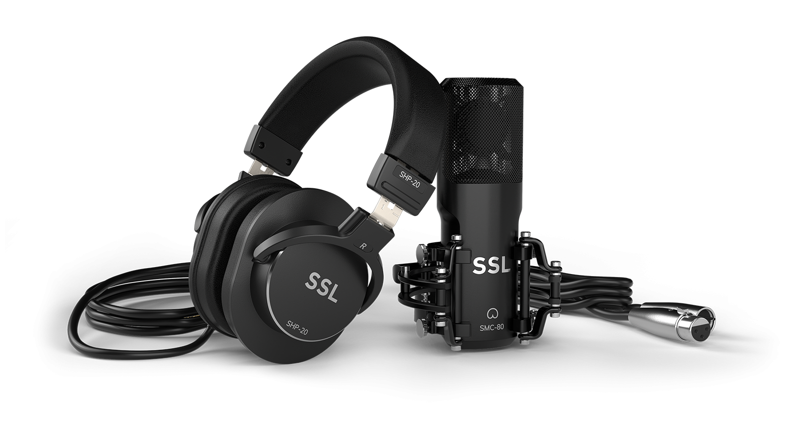 Micrófono condensador de estudio SMC-80 con soporte antivibración y adaptador de rosca, auriculares cerrados SHP 20, y cable XLR incluidos en SSL Recording Pack (faltan en la imagen los interfaces SSL 2 o SSL 2+, a elegir)