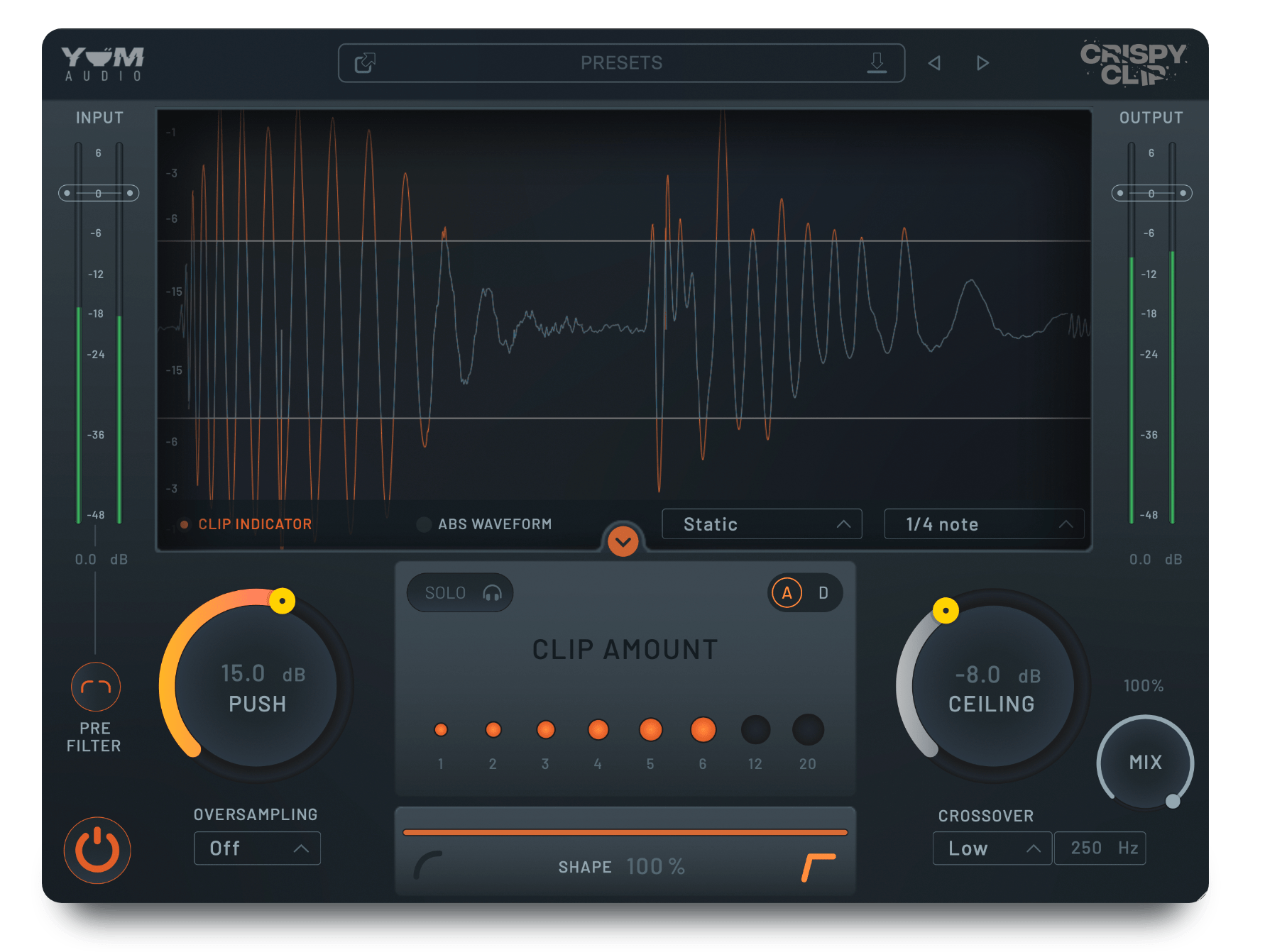 Diferentes relaciones entre soft clipping y hard clipping están a tu alcance con el hábil clipper plugin Crispy Clip de Yum Audio