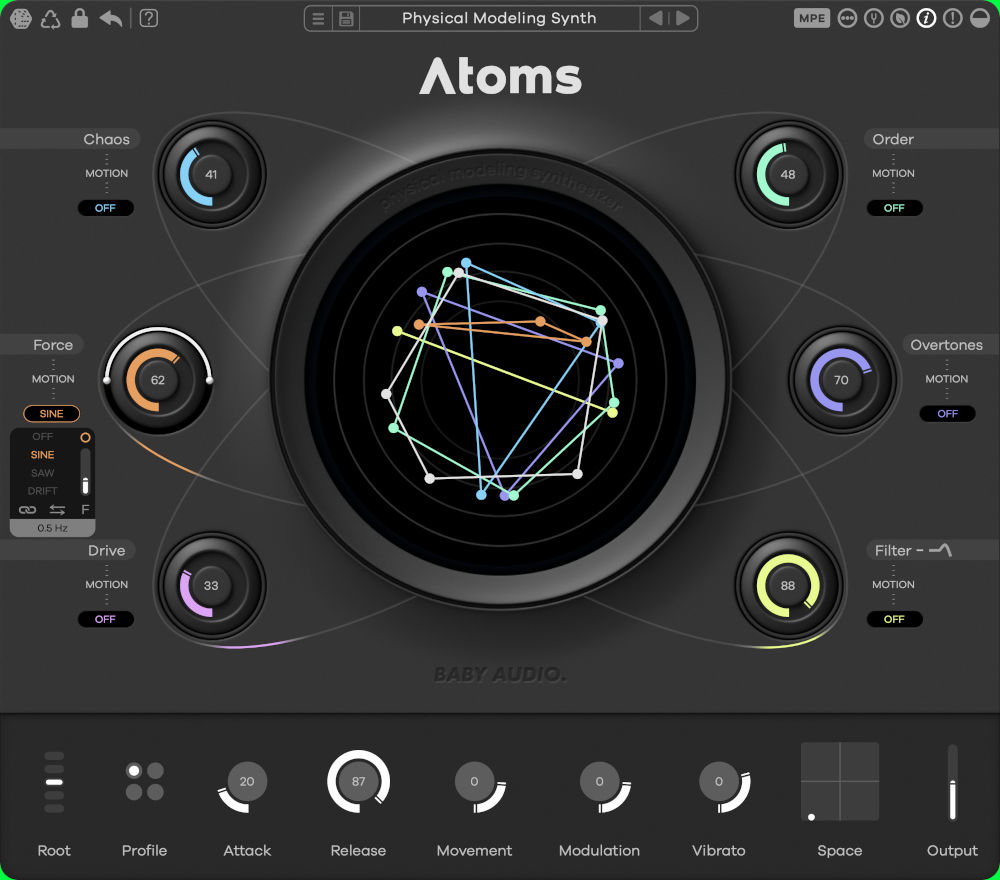 Panel gráfico principal del sintetizador Baby Audio Atoms