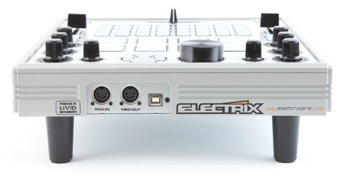 Electrix Tweaker, panel posterior con vista de las conexiones MIDI estándar y el puerto USB  