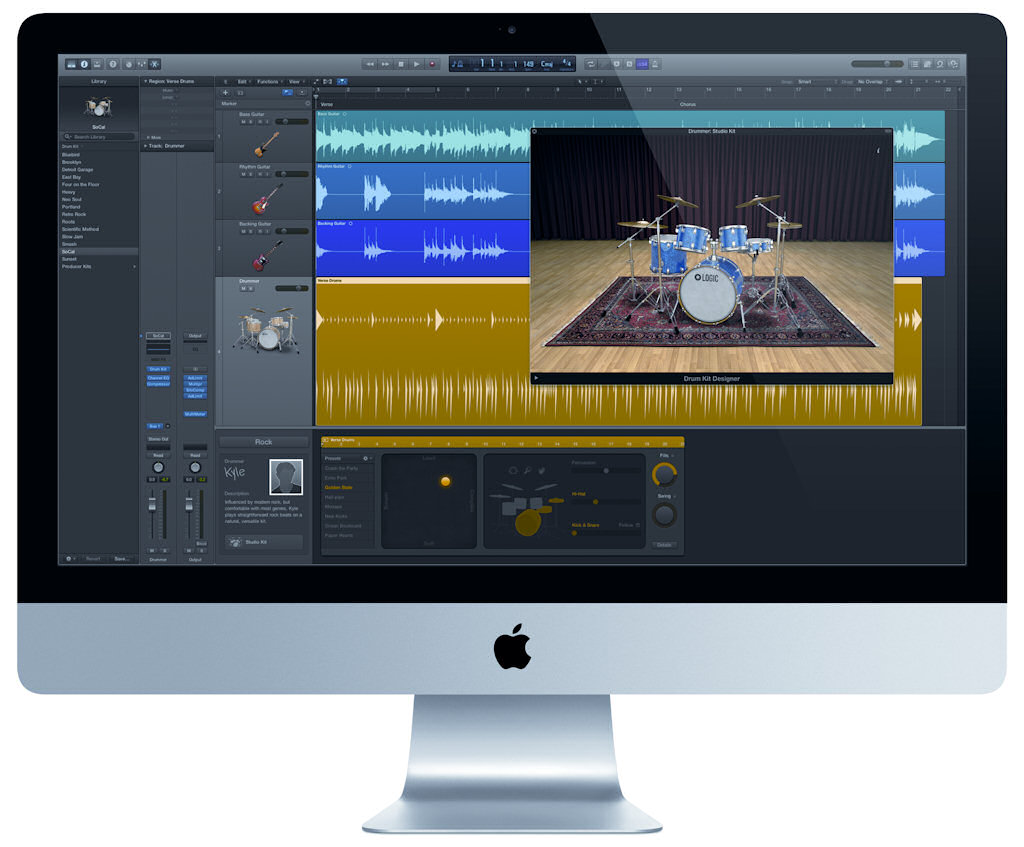 Apple Logic X, con Drummer desplegado en pantalla  