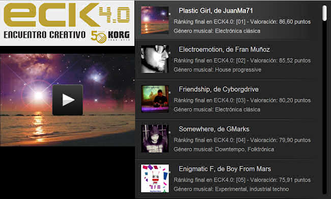 Vista del reproductor con todos los temas del ránking musical final de ECK4.0
